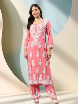 Seva Chikan - Hand Embroidered Peach Modal Lucknowi Chikankari Kurta with Pant