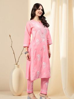 Seva Chikan - Hand Embroidered Pink Cotton Lucknowi Chikankari Kurta with Pant