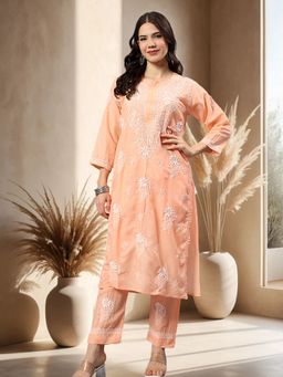 Seva Chikan - Hand Embroidered Apricot Peach Cotton Lucknowi Chikankari Kurta with Pant
