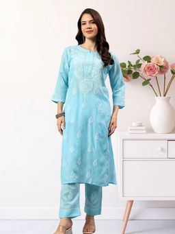 Seva Chikan - Hand Embroidered Blue Cotton Lucknowi Chikankari Kurta with Pant