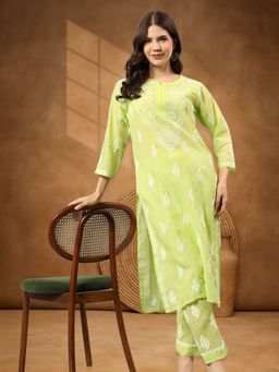 Seva Chikan - Hand Embroidered Pista Green Cotton Lucknowi Chikankari Kurta with Pant