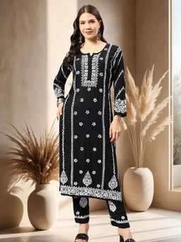 Seva Chikan - Hand Embroidered Black Rayon Lucknowi Chikankari Kurta with Pant