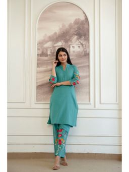 BERRYLICIOUS - Green Pure Cotton Floral Embroidered Green Co-Ord Set