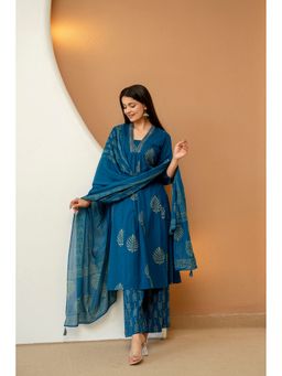 BERRYLICIOUS - Teal Pure Cotton Mirror Embroidered Anarkali Kurta with Palazzo and Dupatta