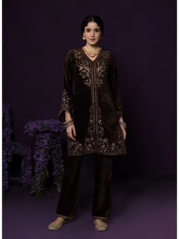 Lakshita - Paro Brown Resham Embroidered Velvet Long Co-Ord Set