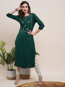 FASHOR - Woven Striped Resham & Beads Embroidered Kurta With Pants - Green (Set of 2)