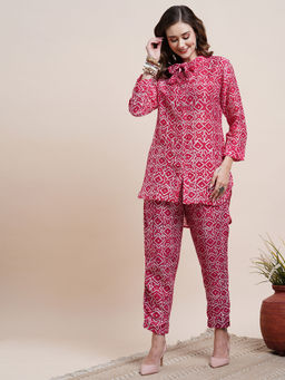 FASHOR - Abstract Batik Printed Asymmetric High Low Hem Shirt With Pants Co-ord -pink (Set of 2)