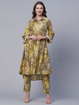 FASHOR - Abstract Floral Foil Printed A-line Panelled Kurta With Pant - Olive (Set of 2)
