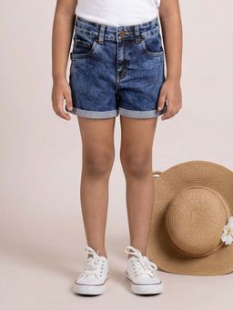 KiddoPanti - Blue Girls Solid Denim Rollup Hot Shorts