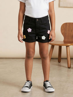 KiddoPanti - Girls Rollup Denim Shorts with 3D Crochet Flowers