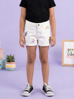 KiddoPanti - Girls Rollup Denim Shorts with Colorful Multi Badge