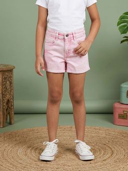 KiddoPanti - Girls Pink Denim Woven Solid Roll Up Shorts