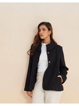 Fabindia - Black Wool Solid/Plain High Neck Bomber Jacket