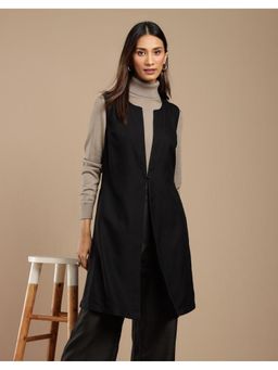 Fabindia - Black Wool Solid/Plain Round Neck Overcoat