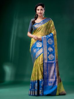 CHARUKRITI - Green Organza Kanjivaram Handwoven Soft Saree with Zari Border with Unstitched Blouse