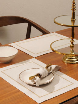 Pure Home + Living - Set of 2 Beige Linen Zari Embroidered Placemats