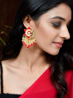 Silvermerc Designs - Gold Plated Red Toned Handcrafted Kundan Studded Floral Drop Earrings