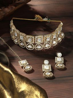 Zaveri Pearls - Gold Tone Bridal Choker Necklace Earrings & Maangtikka Set-ZPFK17074