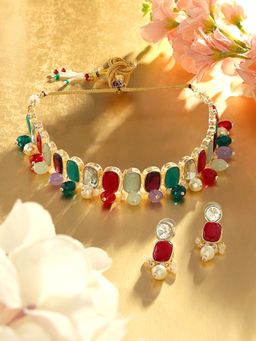 Zaveri Pearls - Multi Color Artificial Stones & Beads Necklace & Earrings Set-ZPFK17082