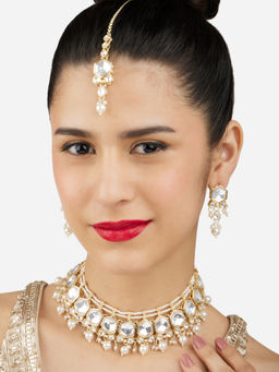 Zaveri Pearls - Gold Tone Kundan Stones Beads Necklace Earrings Maangtikka Set-ZPFK17089