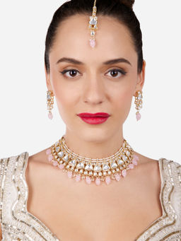 Zaveri Pearls - Pink Kundan Stones Beads Necklace Earrings Maangtikka Set-ZPFK17090