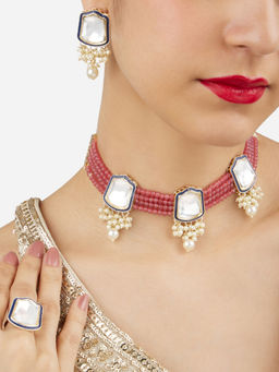 Zaveri Pearls - Pink Crystal Multistrand Stones Pearl Necklace Earrings Ring Set-ZPFK17091