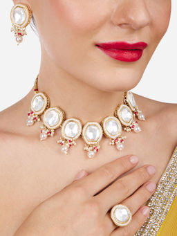 Zaveri Pearls - Gold Tone Artificial Stones Beads Necklace Earrings Ring Set-ZPFK17092