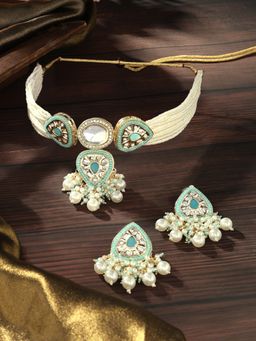 Zaveri Pearls - Turquoise Blue Multistrand Stones Choker Necklace Earrings Set-ZPFK17093