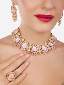 Zaveri Pearls - Pink Artificial Stones Beads Choker Necklace Earrings Ring Set-ZPFK17094