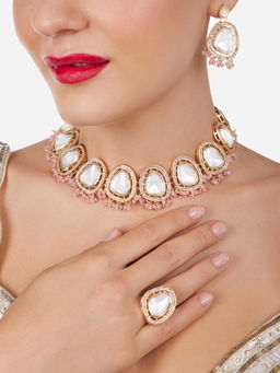 Zaveri Pearls - Pink & White Artificial Stones Beads Choker Necklace Earrings Ring Set-ZPFK17095