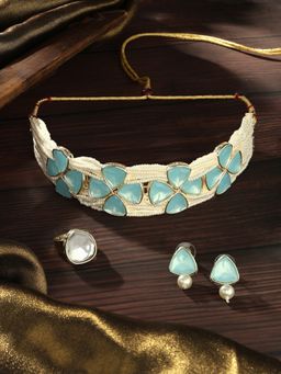 Zaveri Pearls - Turquoise Blue Multistrand Choker Necklace Earrings Ring Set-ZPFK17097