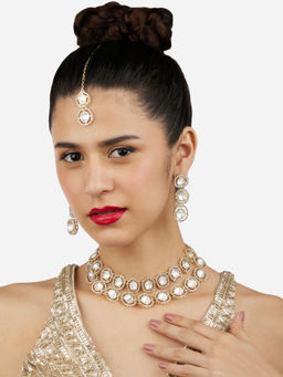 Zaveri Pearls - Gold Tone Layered Dazzling Necklace Earrings Maangtikka Set-ZPFK17100