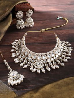 Zaveri Pearls - Gold Tone Kundan Beads Bridal Necklace Earrings Maangtikka Set-ZPFK17106