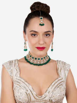 Zaveri Pearls - Green Austrian Diamonds Bridal Necklace Earrings Maangtikka Set-ZPFK17107