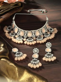 Zaveri Pearls - Peach Beads Silver Plated Bridal Necklace Earrings Maangtikka Set-ZPFK17108
