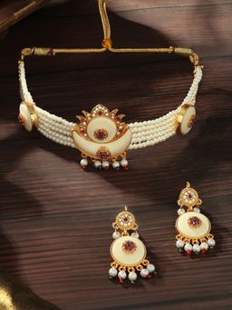 Zaveri Pearls - Tone Gold Austrian Diamonds Beads Choker Necklace Earrings Set-ZPFK17109
