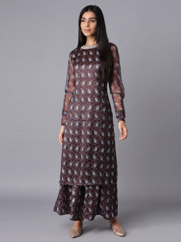 WISHFUL by W - Brown Floral Kurta with Flared Pants (Set of 2)