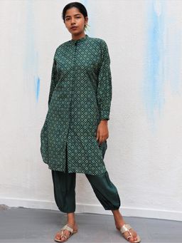 Chidiyaa - Green Diamond Block Printed Cotton Kurta (Set of 2)