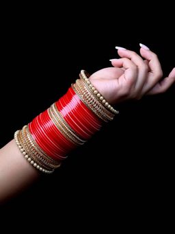 AG'S - Red Bangles With Pearl Bangles & American Diamond Kada (2.6)