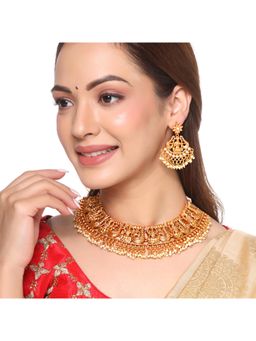 Yellow Chimes - Gold-Plated Moti Studded Lakshmi Designed Temple Choker Jewellery Set