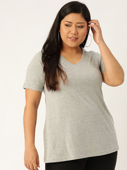 theRebelinme - Plus Size Womens Light Grey Solid Color V-Neck Cotton T-Shirt
