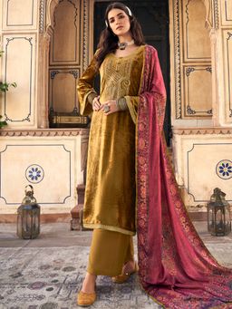 Stylee LIFESTYLE - Gold Velvet Embroidered Dress Material (Set of 3)