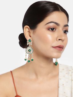 Laida - Gold-Plated & Green Kundan Studded Contemporary Drop Earrings