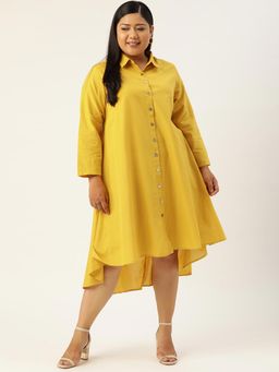 theRebelinme - Plus Size Womens Mustard Solid Color Pure Cotton Shirt Dress