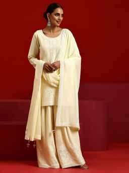 Libas Art - Pastel Yellow Floral Embroidered Kurti with Palazzo and Dupatta (Set of 3)