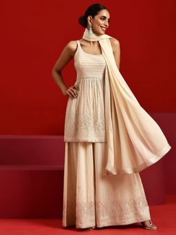 Libas Art - Beige Floral Embellished Padded Kurti with Palazzo and Dupatta (Set of 3)