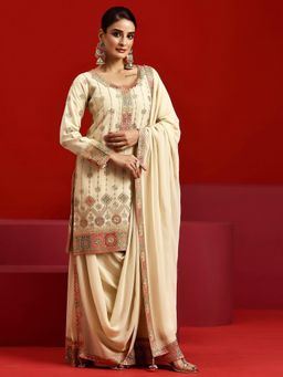 Libas Art - Beige Ethnic Motif Zari Embroidered Kurta with Palazzo and Dupatta (Set of 3)