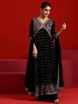 Libas Art - Black Floral Embroidered Pleated Kurta with Palazzo and Dupatta (Set of 3)