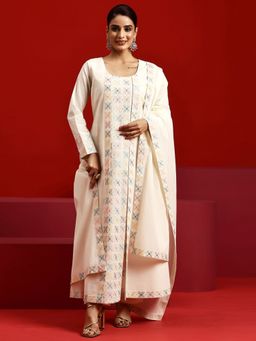 Libas Art - Off White Floral Embroidered Layered Kurta with Trousers and Dupatta (Set of 3)