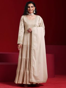 Libas Art - Beige Floral Embroidered Panelled Mulmul Long Kurta with Trousers and Dupatta (Set of 3)